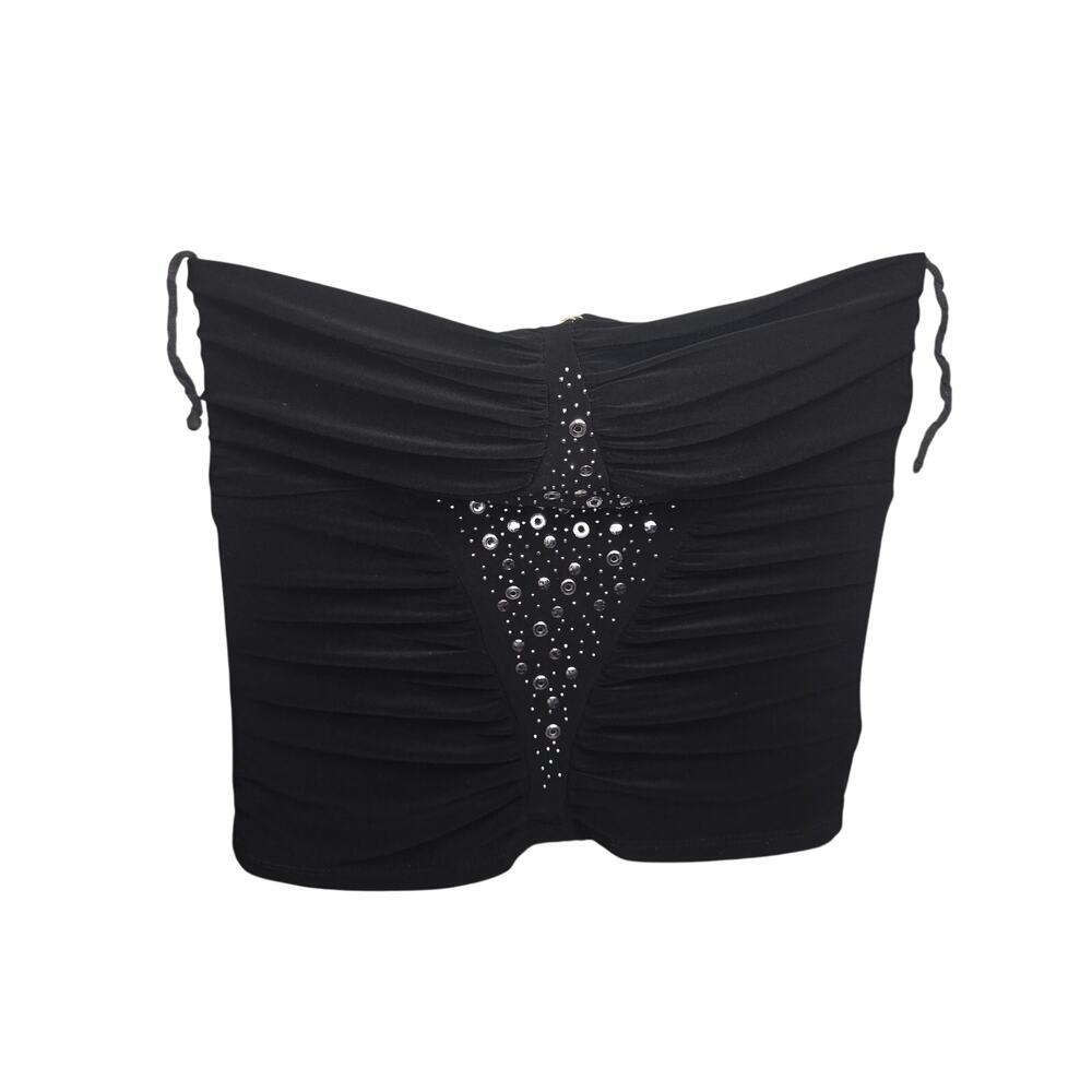 Y2K Black Ruched Strapless Tube Top with Silver Rhinestone Geometric Detail